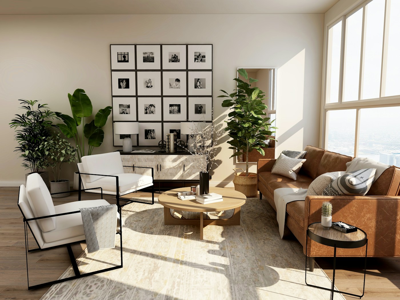 Warm, light-filled living room with a sofa, wood furniture and leafy plants
